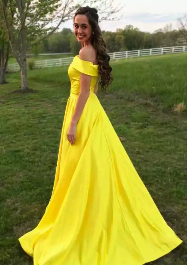 Sunflower Yellow Satin Off-Shoulder A-Line Gown – Vibrant & Elegant Evening Party Dress