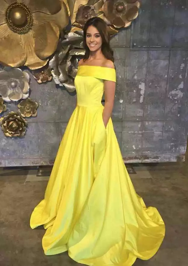 Sunflower Yellow Satin Off-Shoulder A-Line Gown – Vibrant & Elegant Evening Party Dress