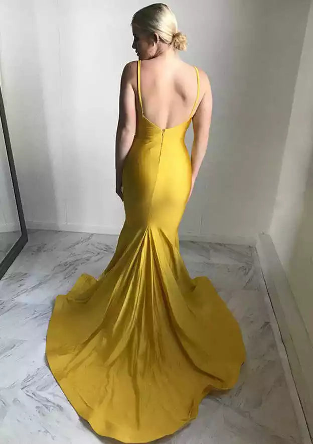 Sunflower Yellow Satin Spaghetti-Strap Mermaid Gown – Vibrant & Luxe Evening Party Dress