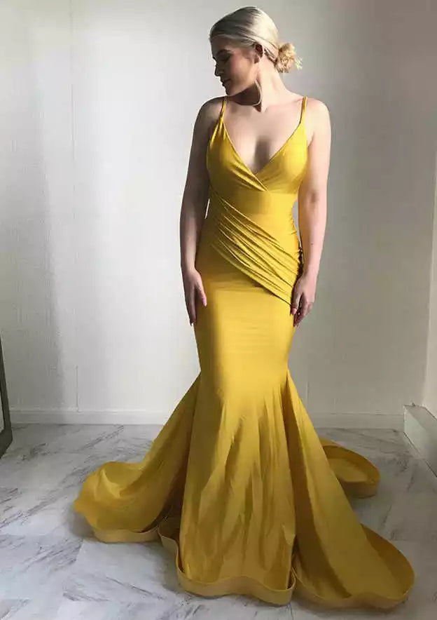 Sunflower Yellow Satin Spaghetti-Strap Mermaid Gown – Vibrant & Luxe Evening Party Dress