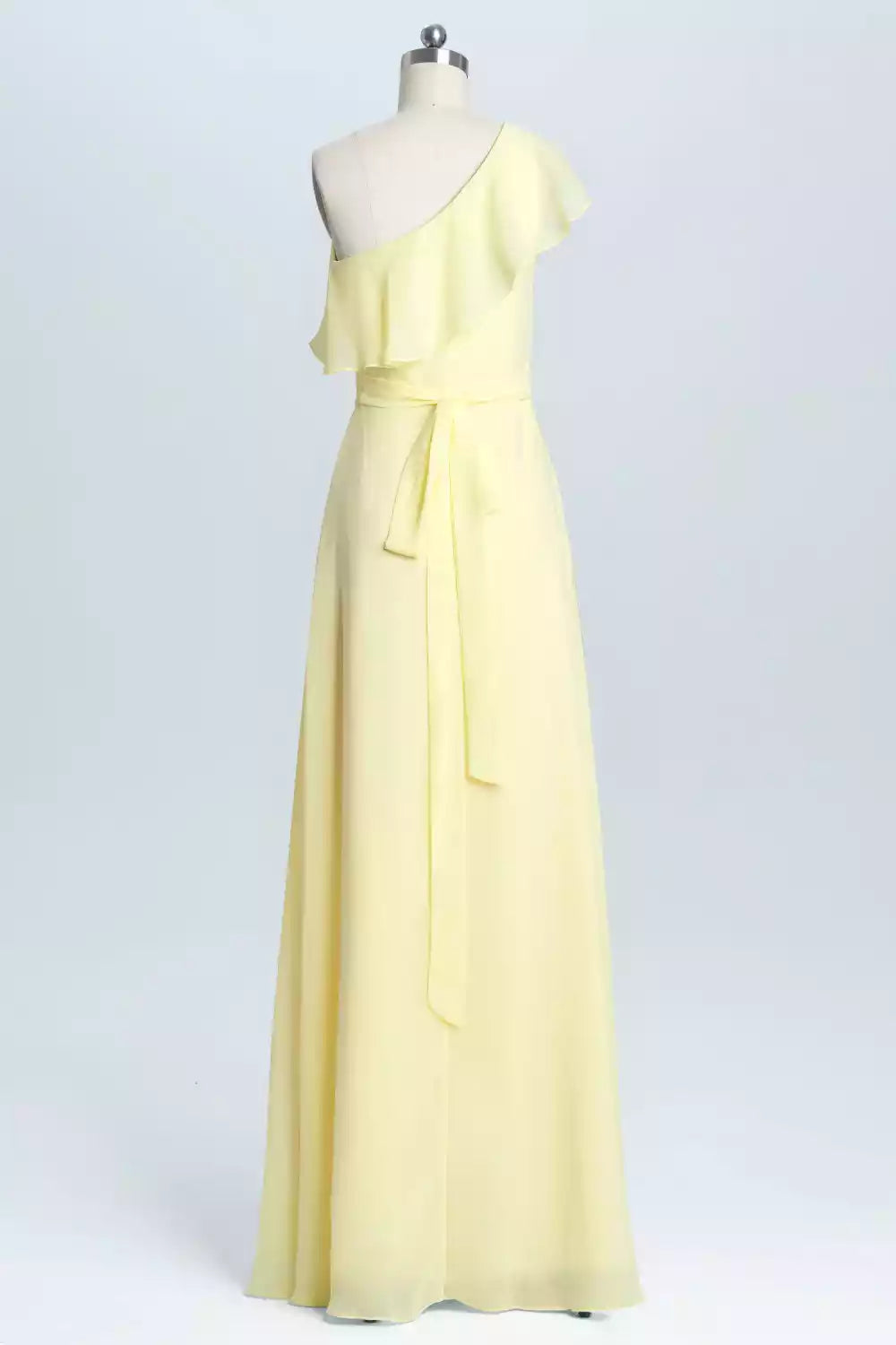 Sunny Lemon Yellow Chiffon Gown with One-Shoulder Ruffle & Tie Waist