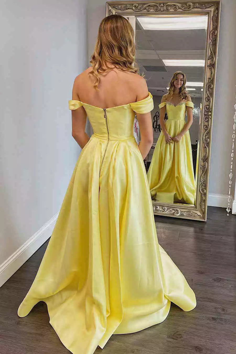 Sunny Yellow Satin Gown with Off-the-Shoulder Neckline & Beaded Accents