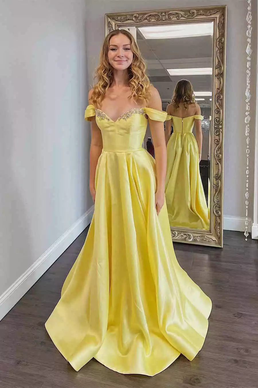 Sunny Yellow Satin Gown with Off-the-Shoulder Neckline & Beaded Accents