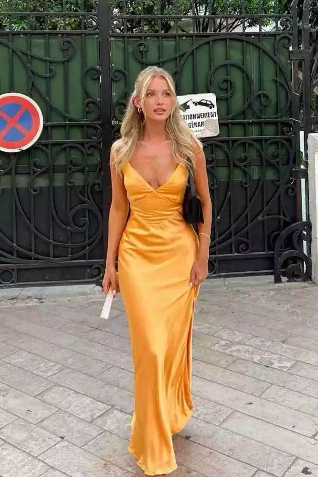 Sunset Yellow Satin Spaghetti-Strap Open-Back Gown – Bright & Alluring Evening Party Dress