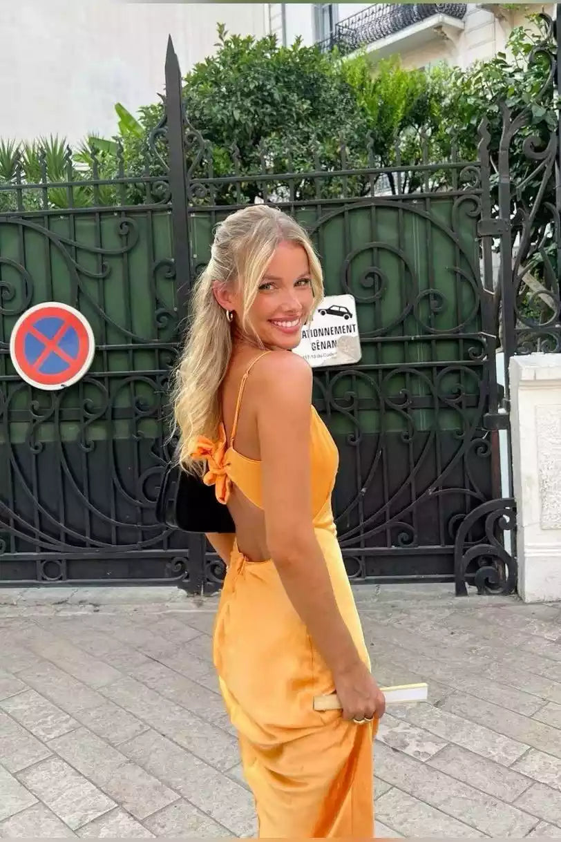 Sunset Yellow Satin Spaghetti-Strap Open-Back Gown – Bright & Alluring Evening Party Dress