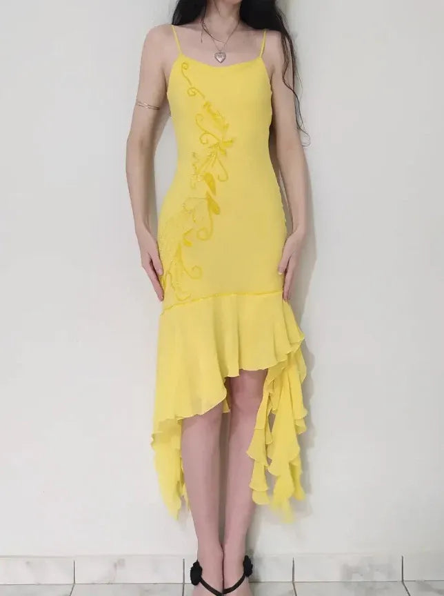 Sunshine Yellow Beaded Ruffled High-Low Midi Dress – Spaghetti Strap Cocktail Gown