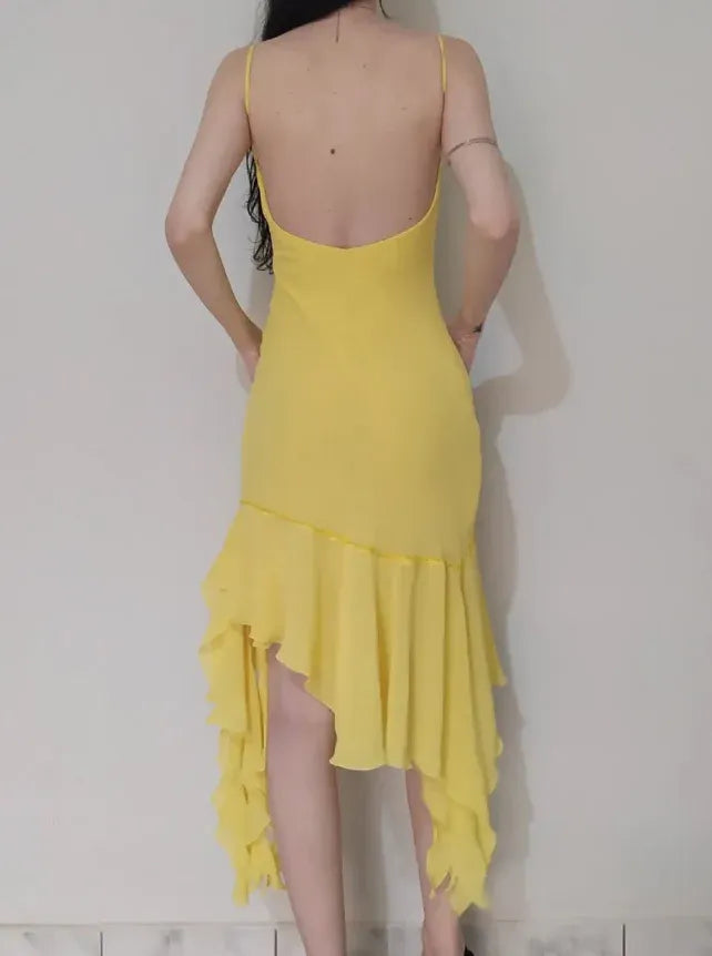 Sunshine Yellow Beaded Ruffled High-Low Midi Dress – Spaghetti Strap Cocktail Gown
