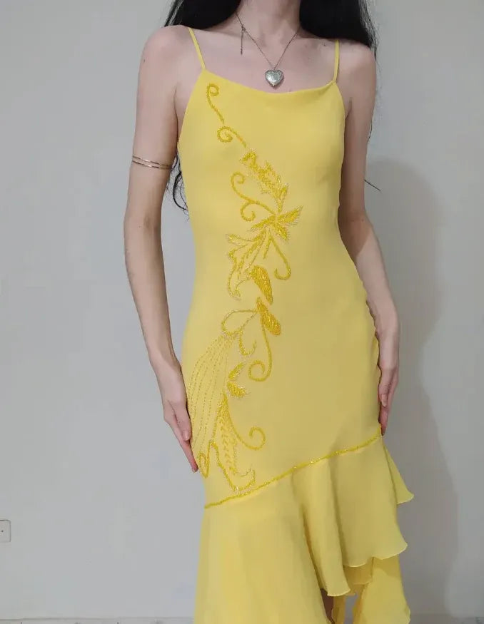 Sunshine Yellow Beaded Ruffled High-Low Midi Dress – Spaghetti Strap Cocktail Gown