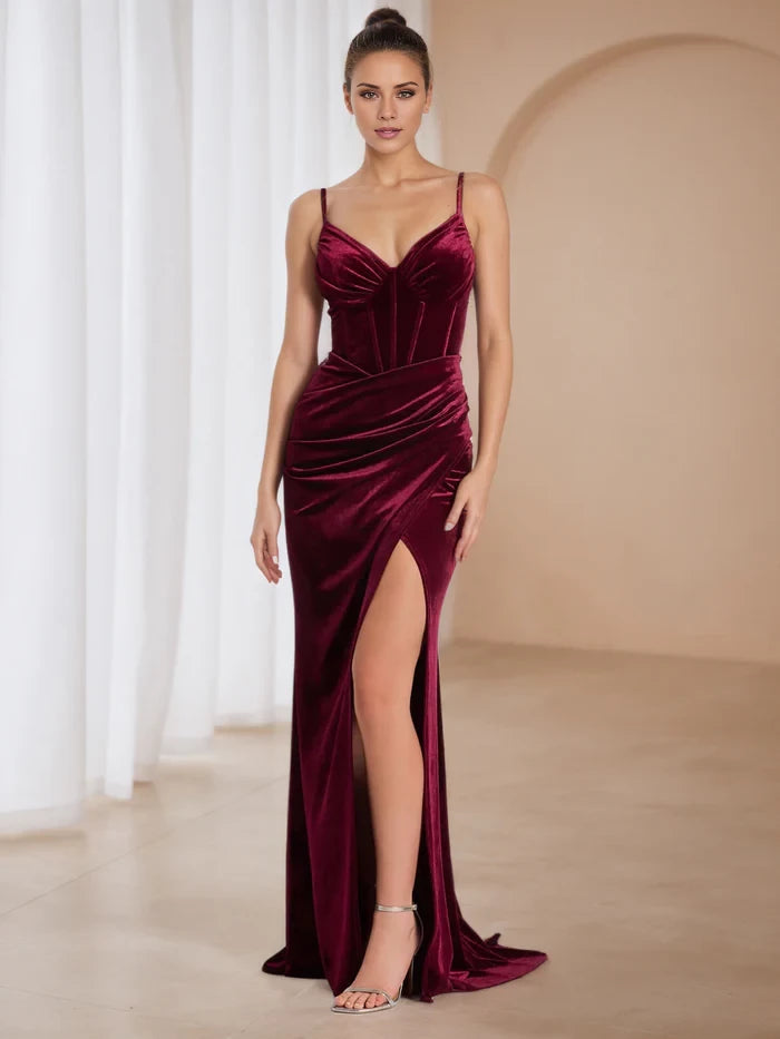 Sweep Brush Train Burgundy Velvet Strapless Prom Dresses