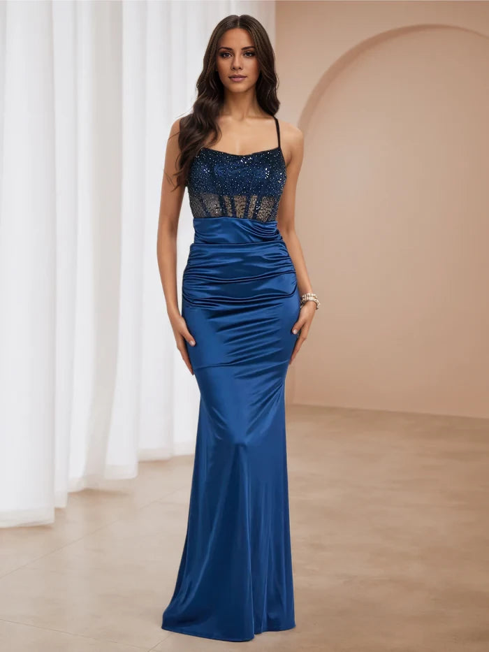 Sweep Brush Train Spaghetti Straps Navy Blue Prom Dresses