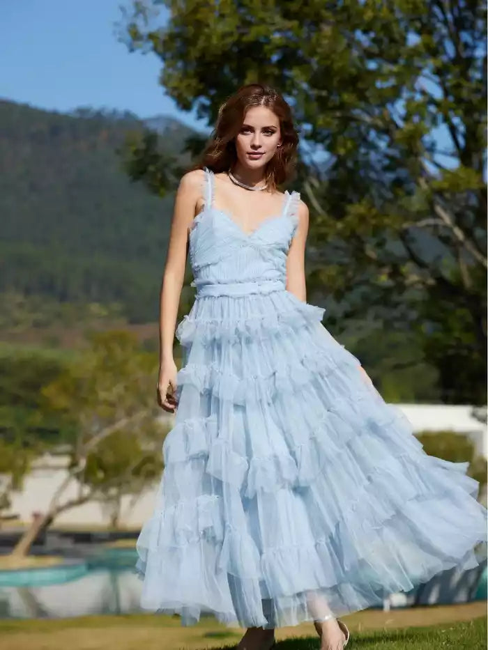 Sweet A Line V Neck Straps High Waist Tiered Long Prom Dress