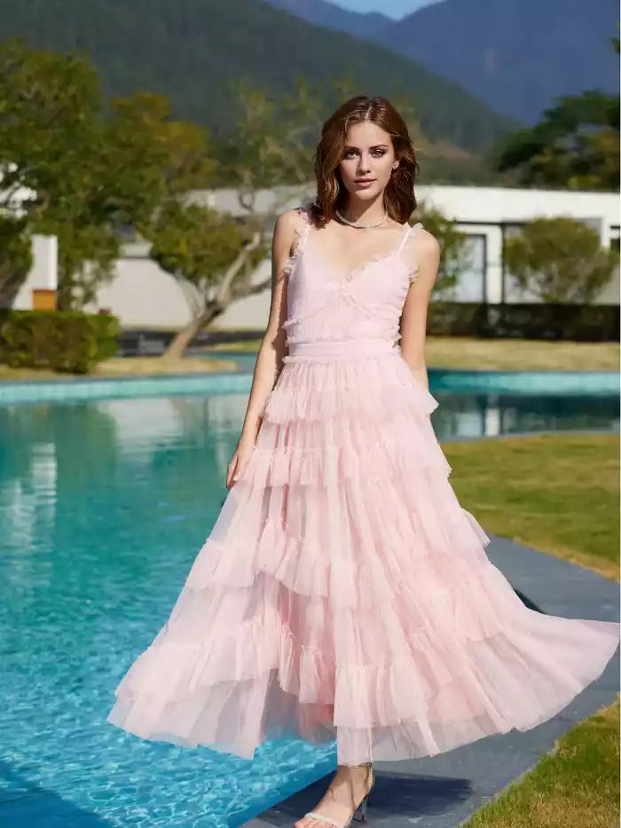 Sweet A Line V Neck Straps High Waist Tiered Long Prom Dress