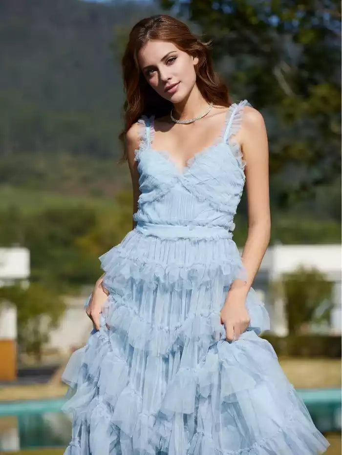 Sweet A Line V Neck Straps High Waist Tiered Long Prom Dress