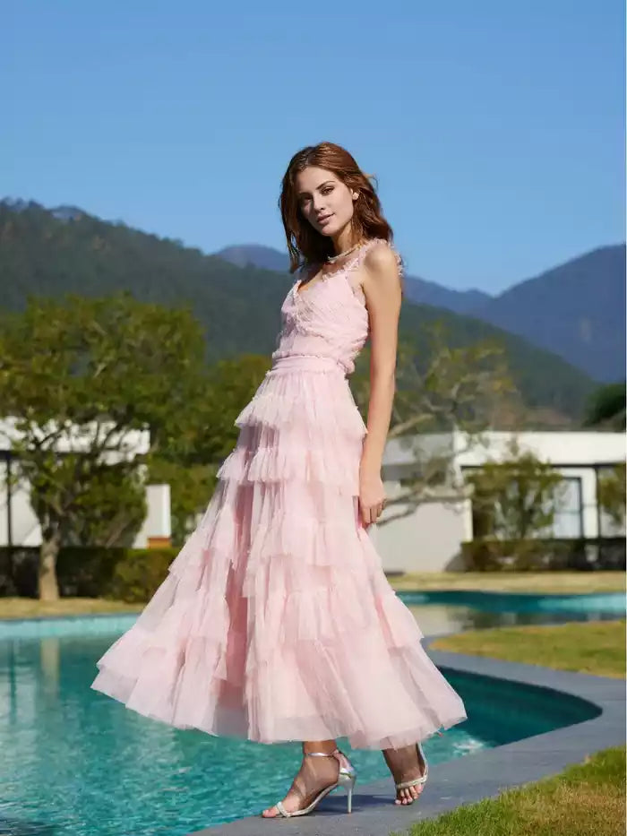 Sweet A Line V Neck Straps High Waist Tiered Long Prom Dress