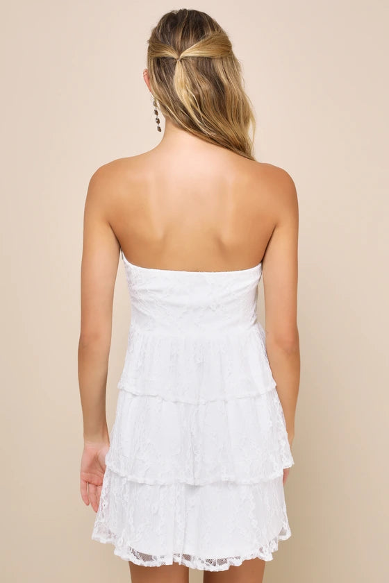 Sweet Perception Lace Strapless Tiered Mini Dress Homecoming Dresses
