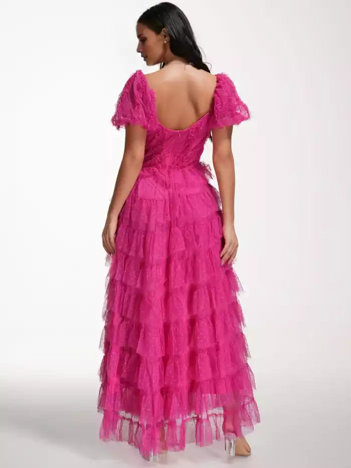 Sweet Polka Dot Mesh Off The Shoulder Long Prom Dress with Slit