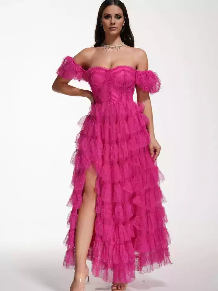 Sweet Polka Dot Mesh Off The Shoulder Long Prom Dress with Slit