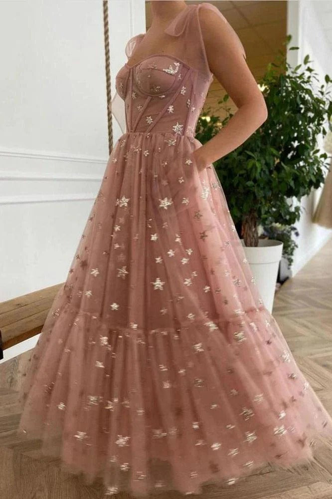 Sweetheart Neck Corset Bodice Evening Dress with Bow Straps & Maxi Length