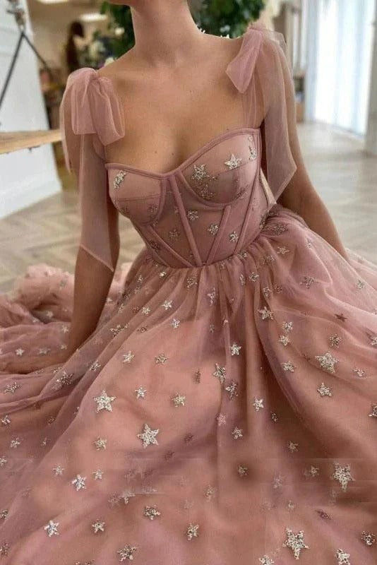 Sweetheart Neck Corset Bodice Evening Dress with Bow Straps & Maxi Length