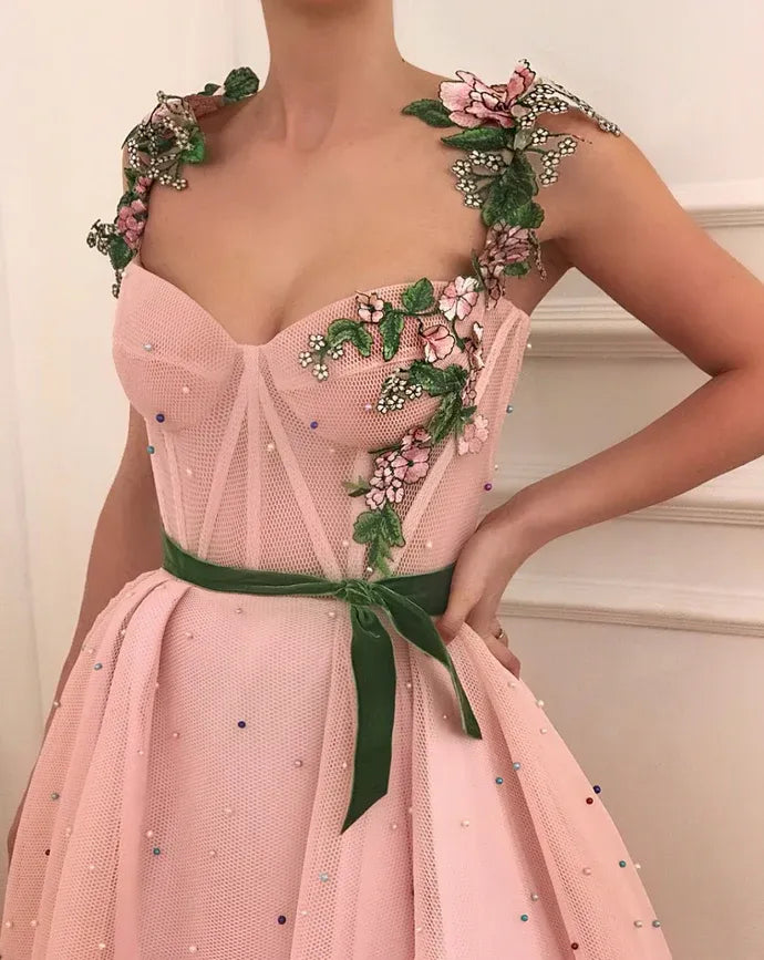 Sweetheart Neck Corset Bodice Evening Dress with Green Velvet Belt & Trailing Train