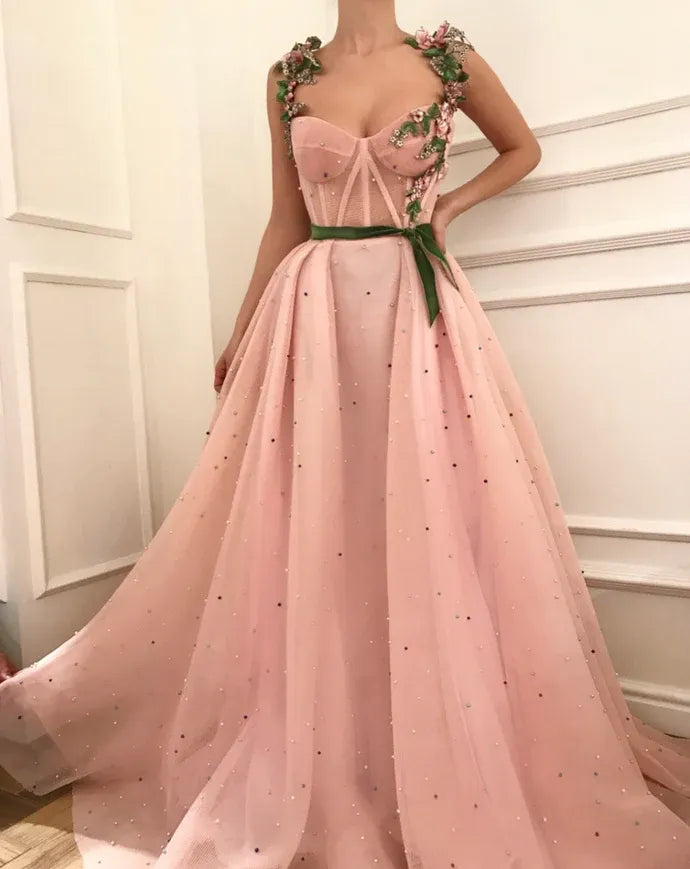 Sweetheart Neck Corset Bodice Evening Dress with Green Velvet Belt & Trailing Train