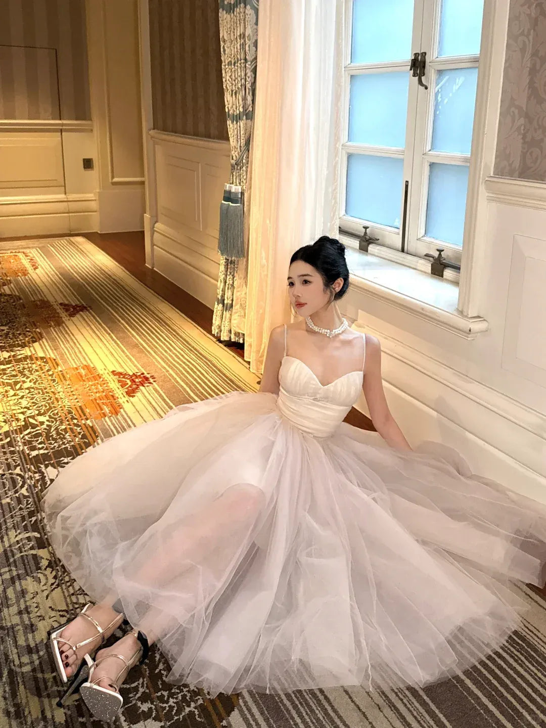 Sweetheart Neck Corset Bodice Evening Dress with Layered Tulle Skirt & Tea Length