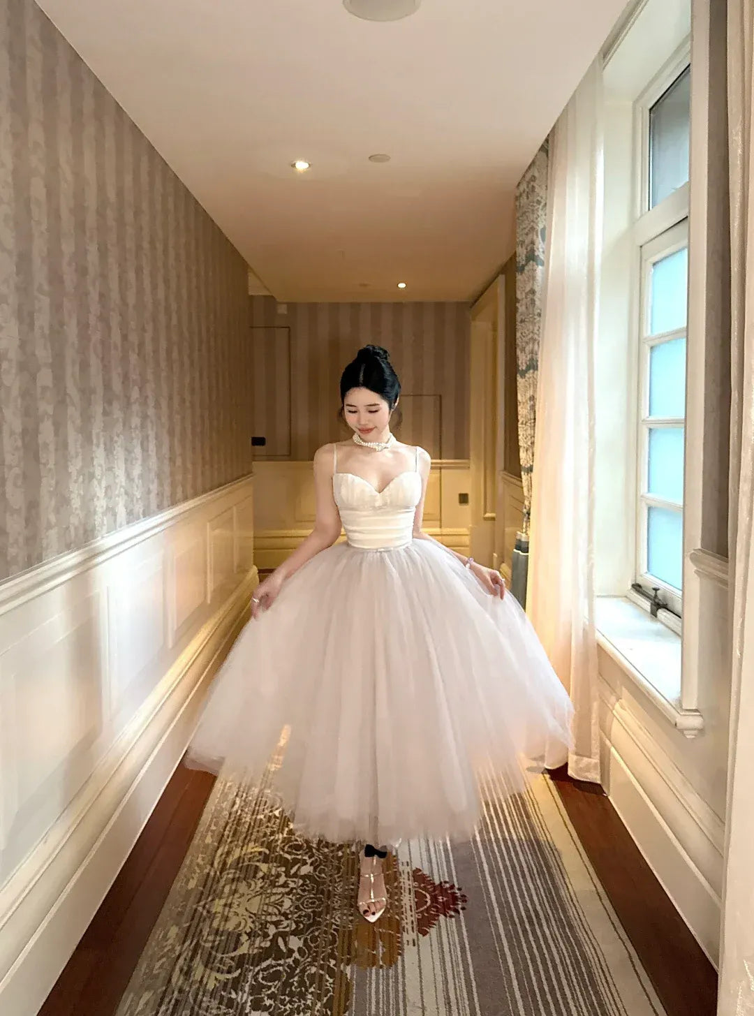 Sweetheart Neck Corset Bodice Evening Dress with Layered Tulle Skirt & Tea Length