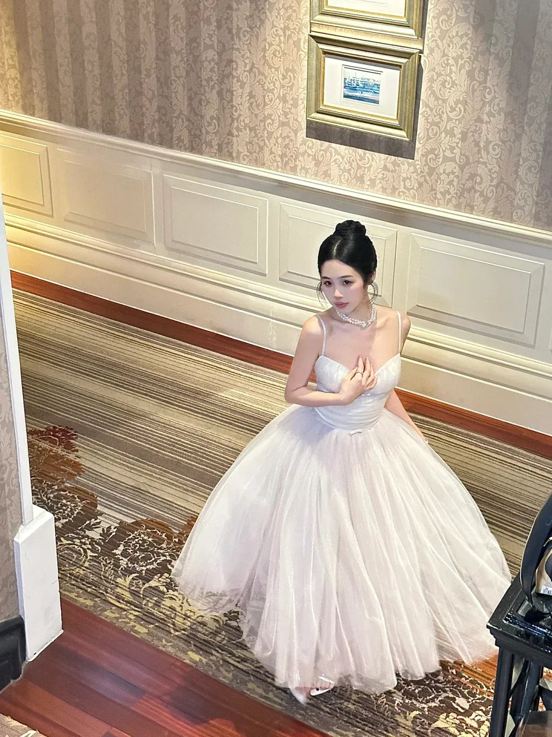 Sweetheart Neck Corset Bodice Evening Dress with Layered Tulle Skirt & Tea Length