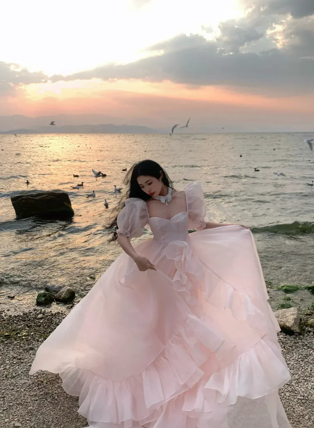 Sweetheart Neck Princess Dress with Layered Ruffle Skirt & Maxi Length