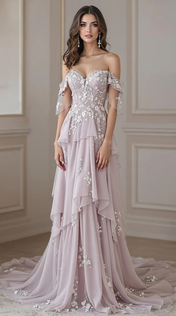 Sweetheart Neck Ruffled Chiffon Evening Dress with Trailing Train