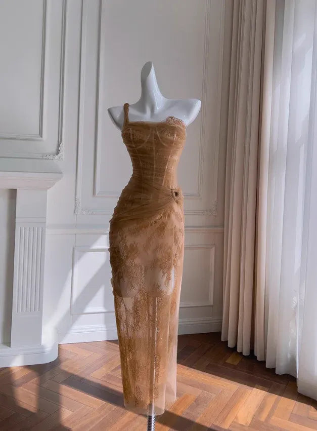 Tan Lace Corset Midi Gown – One-Shoulder Cutout Formal Dress