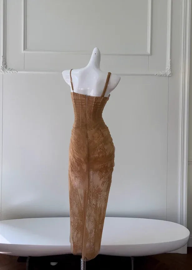 Tan Lace Corset Midi Gown – One-Shoulder Cutout Formal Dress