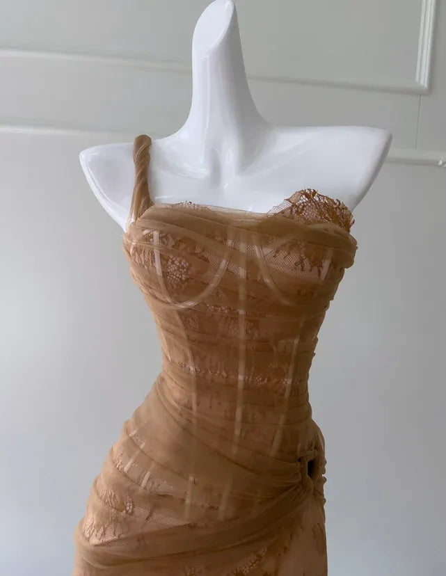 Tan Lace Corset Midi Gown – One-Shoulder Cutout Formal Dress