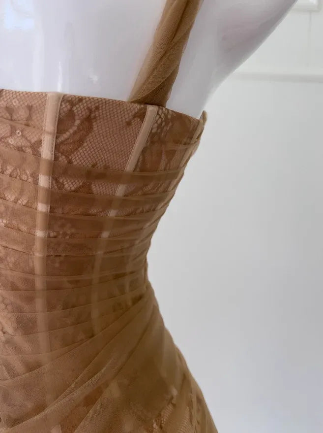Tan Lace Corset Midi Gown – One-Shoulder Cutout Formal Dress
