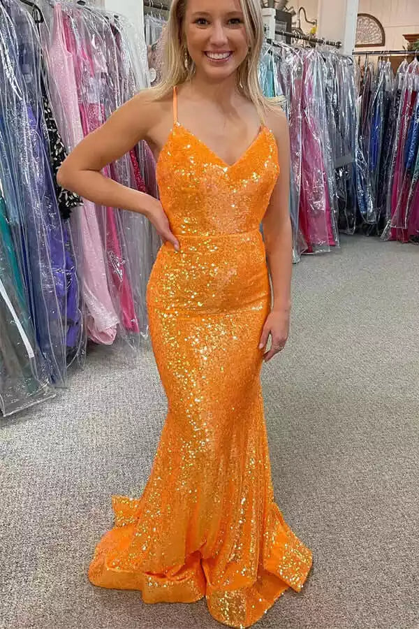 Tangerine Sequin Spaghetti Strap Crisscross Back Mermaid Train Gown – Bold & Dazzling Evening Party Dress