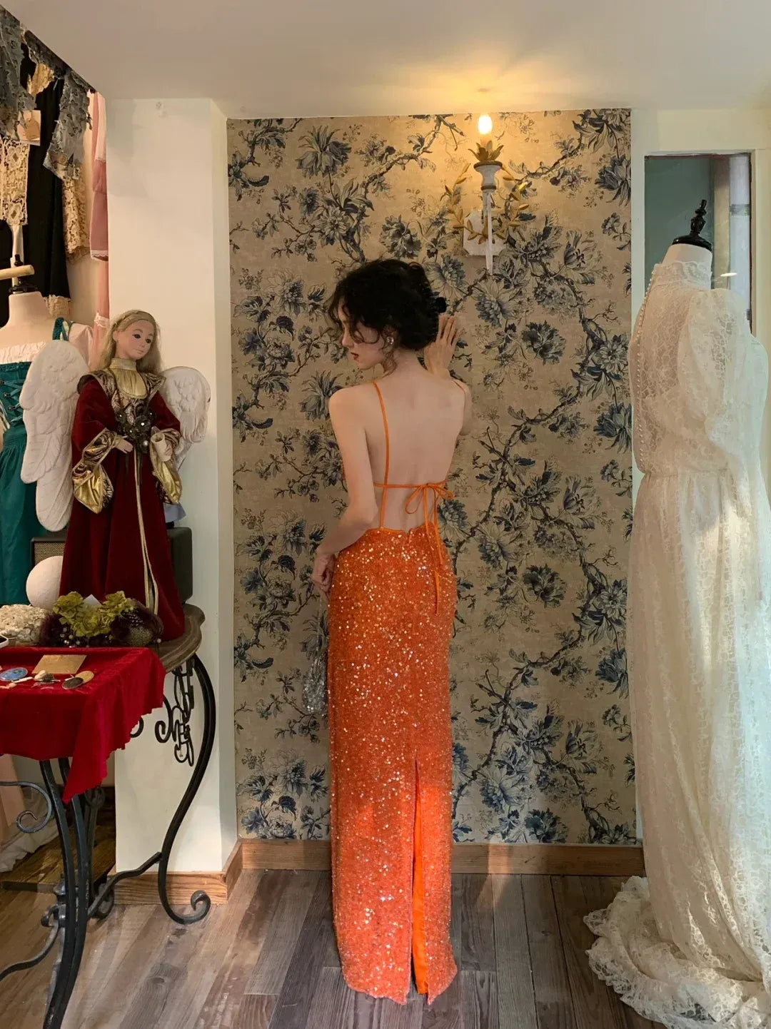 Tangerine Sequin Square Neck Open Back Maxi Gown
