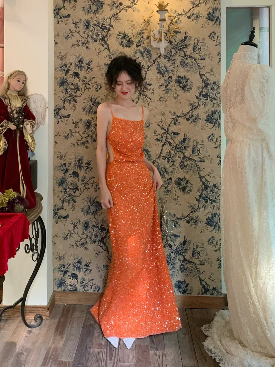 Tangerine Sequin Square Neck Open Back Maxi Gown