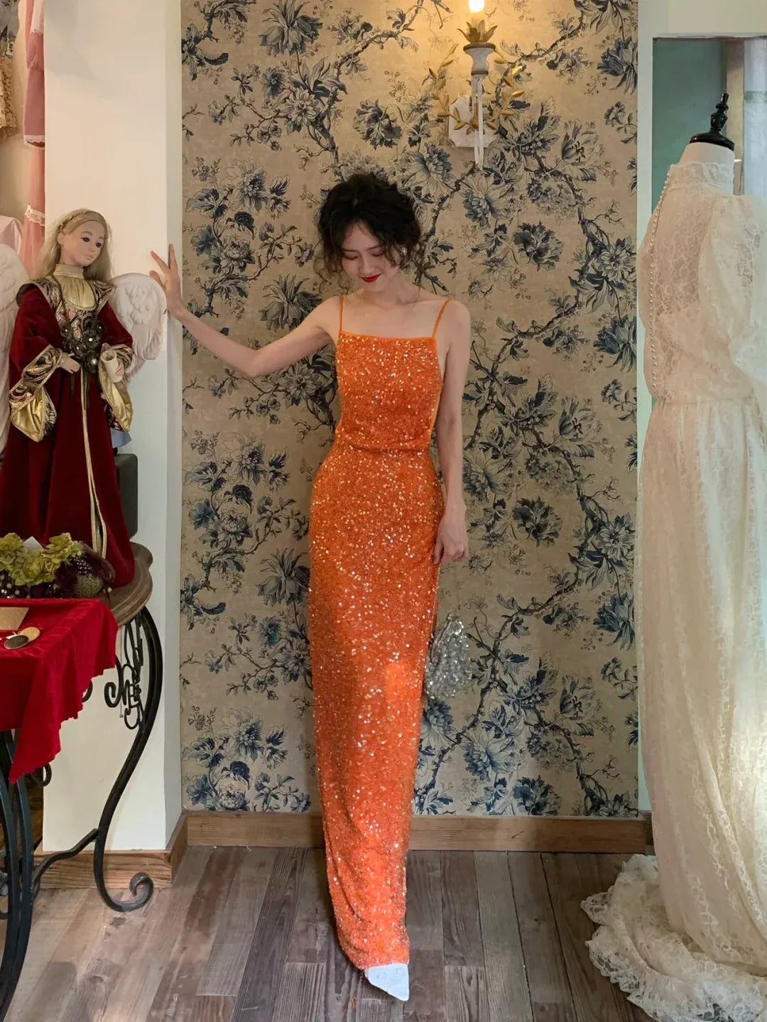 Tangerine Sequin Square Neck Open Back Maxi Gown