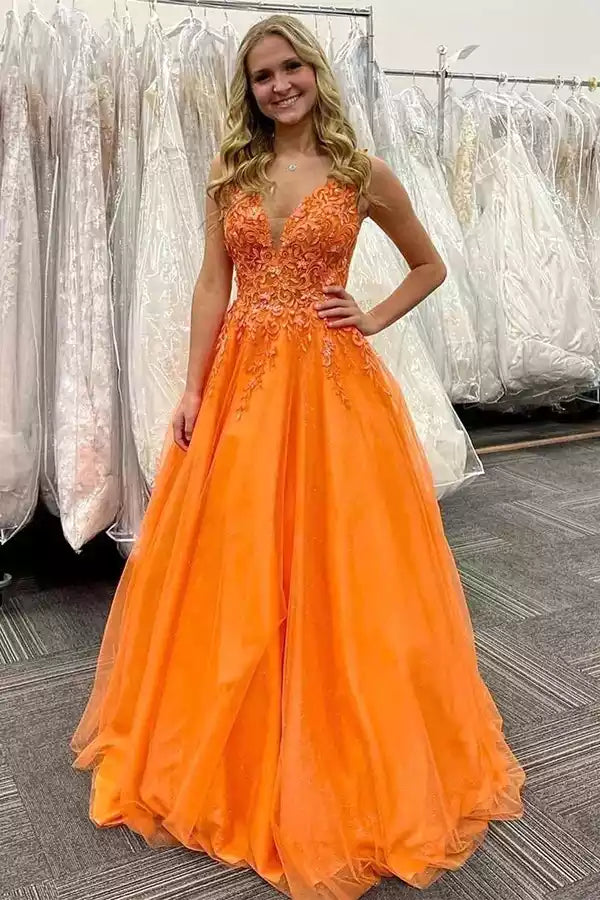 Tangerine Tulle Lace Bodice Ball Gown – Vibrant & Romantic Evening Party Dress