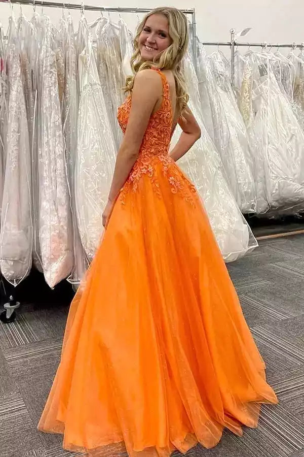 Tangerine Tulle Lace Bodice Ball Gown – Vibrant & Romantic Evening Party Dress