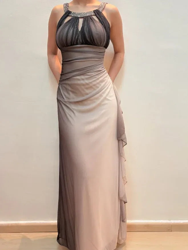Taupe Ombre Beaded Halter Neck Ruched Maxi Gown