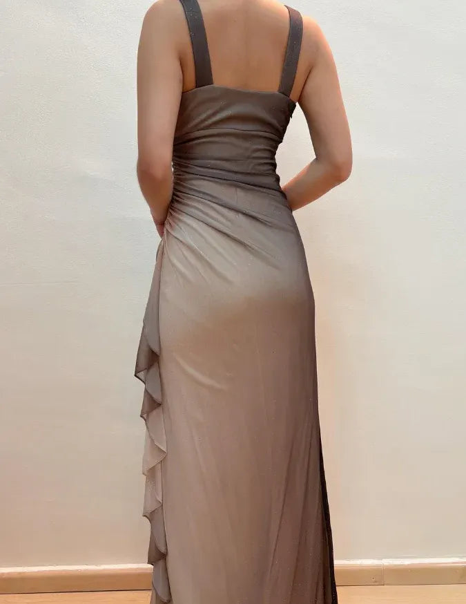 Taupe Ombre Beaded Halter Neck Ruched Maxi Gown