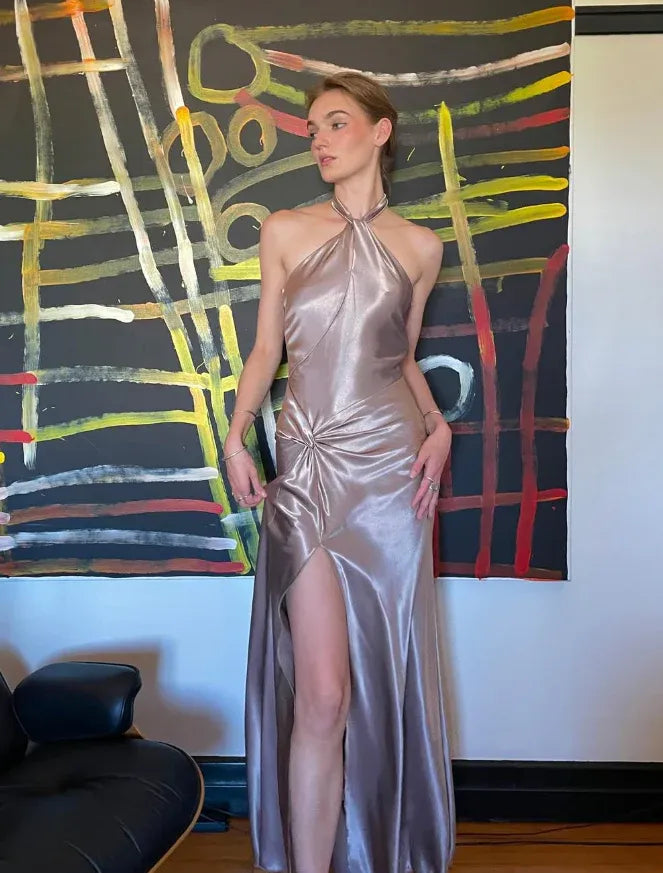 Taupe Satin Halter Twist High-Slit Maxi Dress – Formal Cocktail Evening Gown