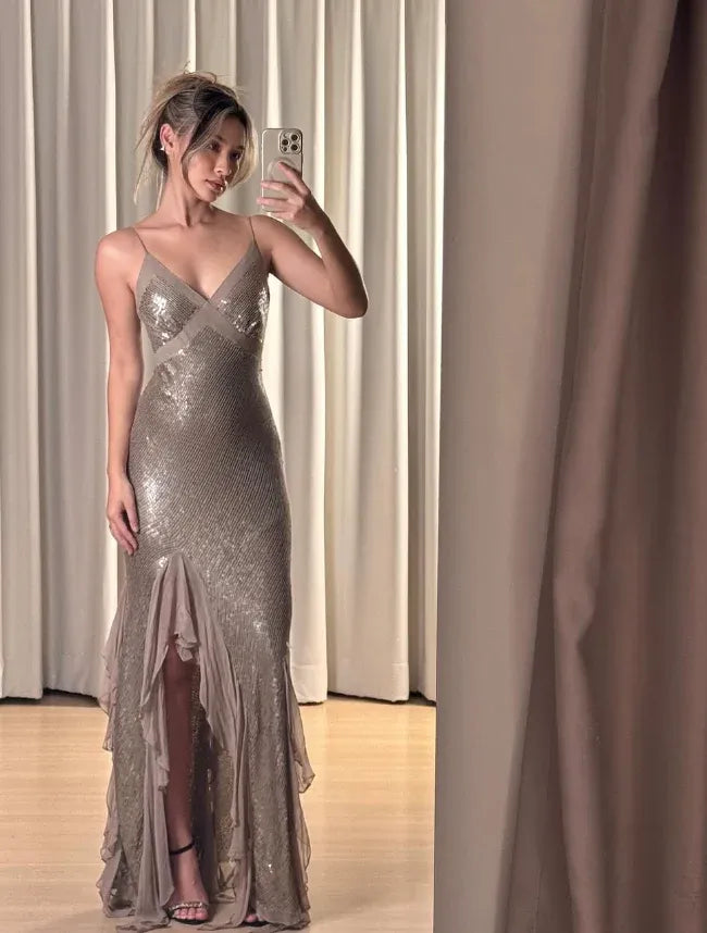 Taupe Sequin Spaghetti Strap Mermaid Maxi Gown with Slit & Chiffon Ruffle Detail
