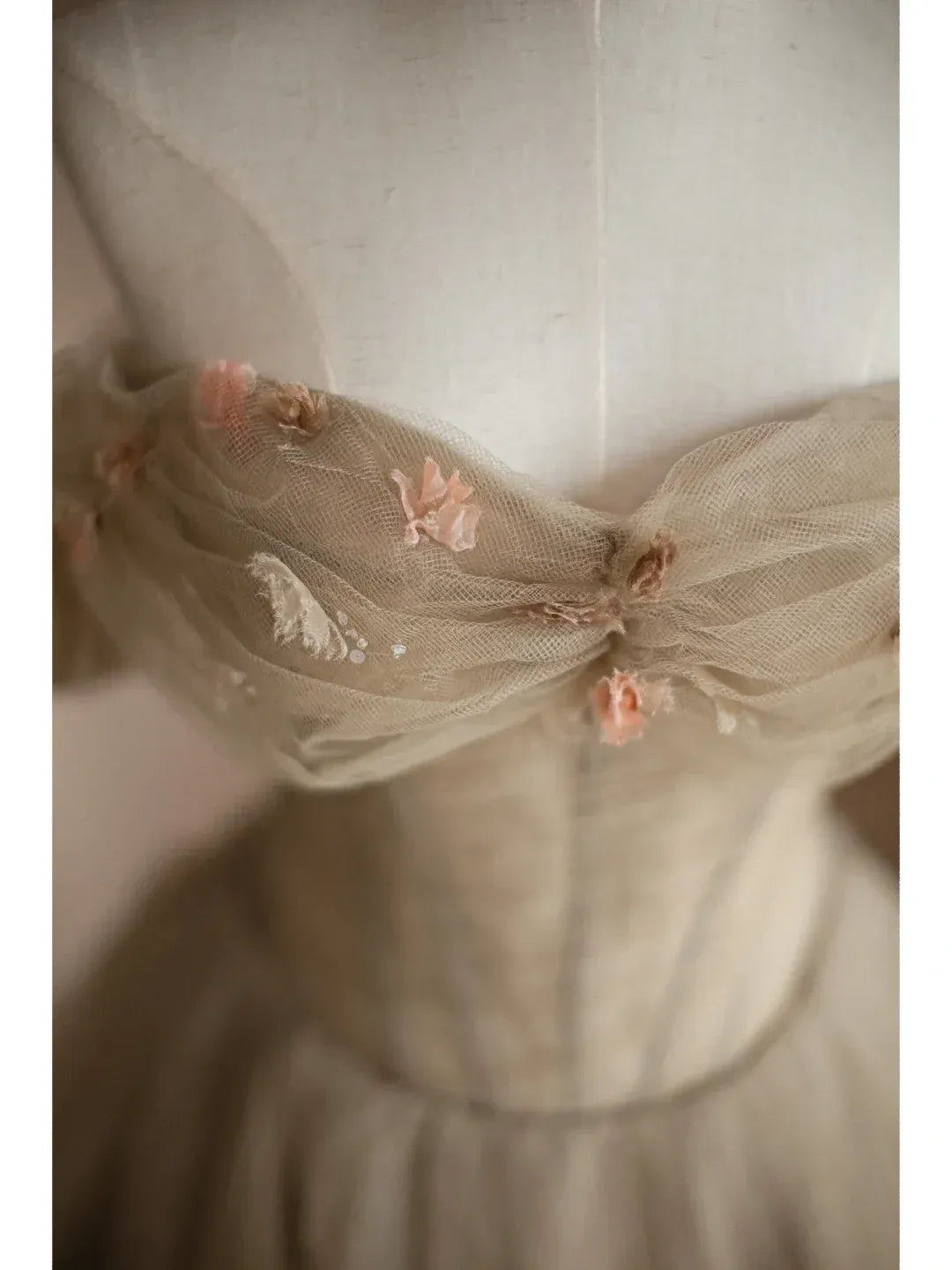 Taupe Tulle Ball Gown – Off-the-Shoulder Corset Prom Dress with Floral Appliqués