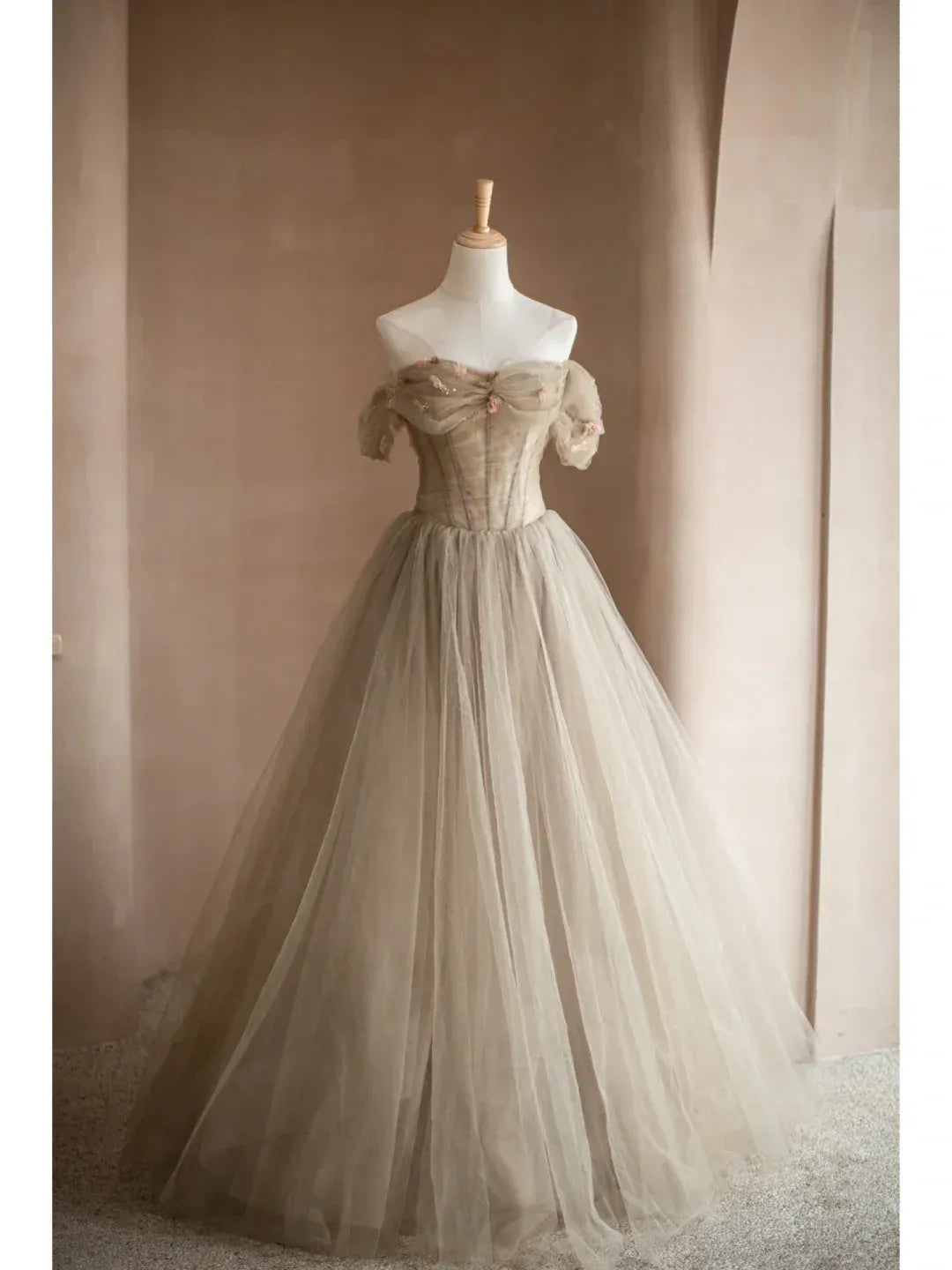 Taupe Tulle Ball Gown – Off-the-Shoulder Corset Prom Dress with Floral Appliqués