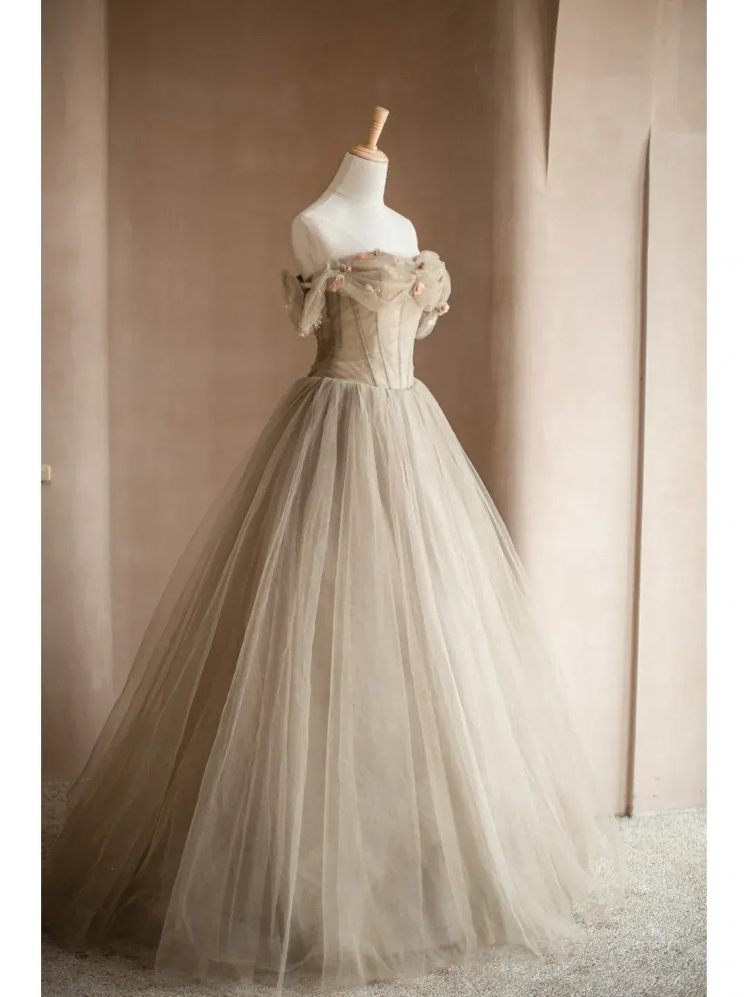 Taupe Tulle Ball Gown – Off-the-Shoulder Corset Prom Dress with Floral Appliqués