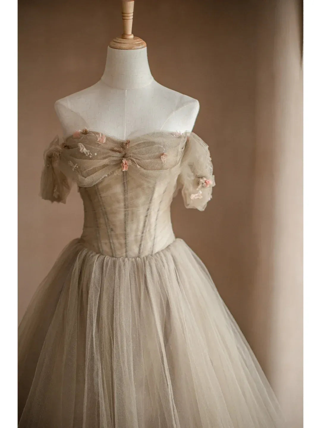Taupe Tulle Ball Gown – Off-the-Shoulder Corset Prom Dress with Floral Appliqués