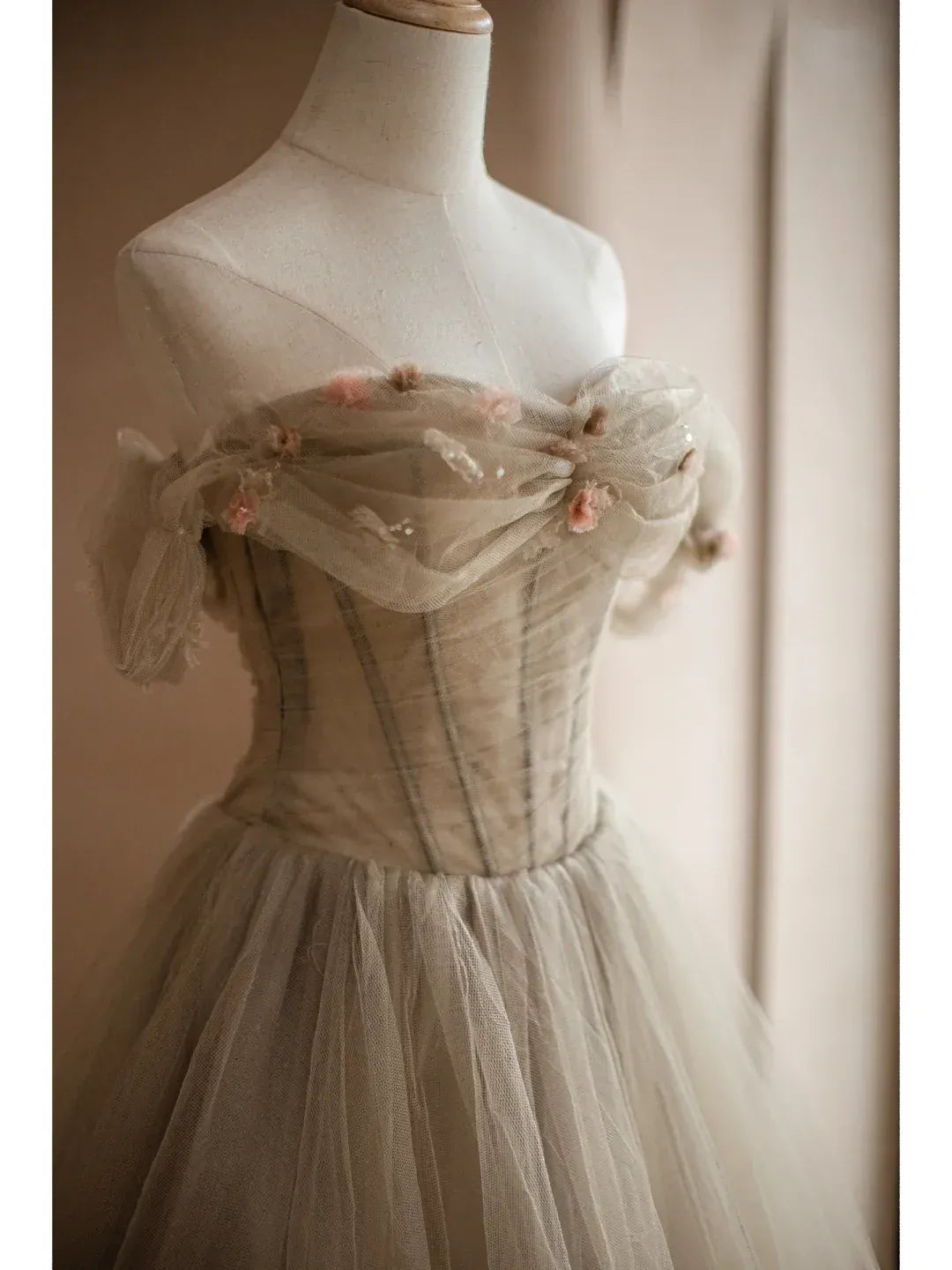 Taupe Tulle Ball Gown – Off-the-Shoulder Corset Prom Dress with Floral Appliqués