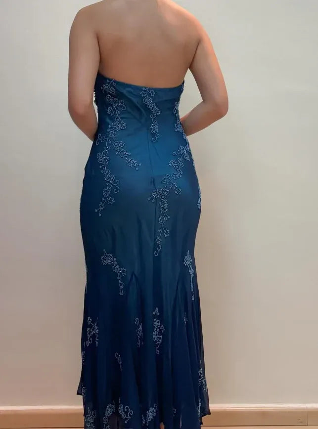 Teal Blue Halter Neck Beaded Floral Mermaid Maxi Gown